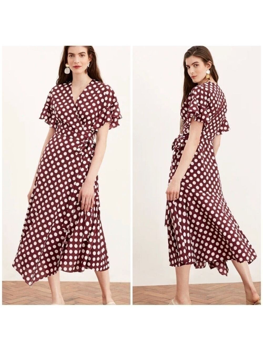 Kitri Eliana Polka Dot Wrap Dress in Aubergine & White Polka Dots